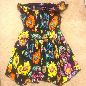 UO off the shoulder black with colorful flower print dress